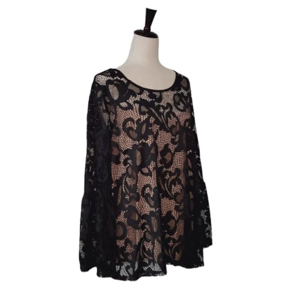 I.N.C. Woman Black Lace Tan Lining Flounce Sleeve Blouse Pullover Size 1X - Picture 2 of 8